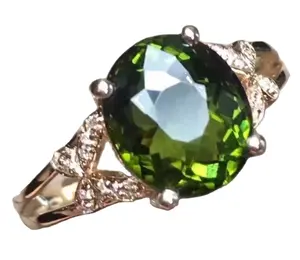 Cincin Emas Turmalin Hijau Bulat, Cincin Emas 18K Tatahan Cabochon Hijau Bulat