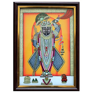 Sculpture hindoue artisanale en marbre de Shrinathji, idole en pierre blanche sculptée, encadrée pour décoration murale à la maison - Product Image 1