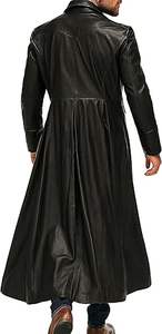 Veste en cuir noire sur mesure pour homme, manteau long en cuir noir à col noir, veste en cuir de motard à quatre poches, veste longue pour homme - Product Image 2