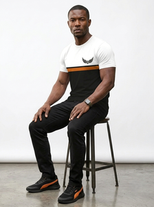 Camiseta de Manga Corta con Cuello Redondo para Hombre, con Estampado de Logotipo de Ala, Rayas Negras, Blancas y Naranjas, Corte Ajustado, Informal, Transpirable, de Punto - Product Image 4