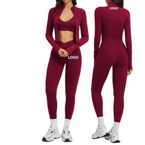Women's Burgundy 2 Piece Yoga Set Turtleneck <b>Crop</b> <b>Top</b> High Waist Leggings Full Length Seamless Zipper Sweat-Wicking - Product Image 2