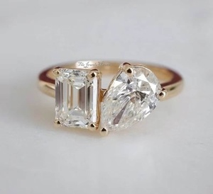 Luxury Yellow 2 Stone <b>Ring</b> Pear & <b>Emerald</b> Cut Two Stone Moissanite Diamond <b>Ring</b> for Women <b>Silver</b> Engagement Promise Wedding - Product Image 3