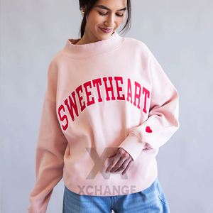 Sudadera Rosa Oversize de Cuello Redondo con Cuello Alto Simulado para Mujer, Bordada, de Manga Corta, con Estampado de Letras Delanteras, de Algodón Tejido, para Invierno - Product Image 3