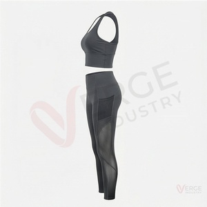 Women Seamless Yoga Set 2 Piece Racerback Sports Bra High Waist <b>Leggings</b> With <b>Pockets</b> Dark Gray - Product Image 3
