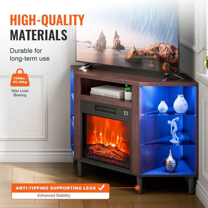 Pastoral Brown 18\" Fireplace TV Stand 20 LED Lights Remote Control Timer Corner Media Storage Storage Drawers Cabinets for TVs