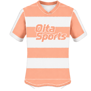 <b>Peach</b> White Short Sleeve Rugby Jersey Crew Neck Striped Rugby <b>Shirt</b> Athletic Performance Training Match Team Sportswear - Product Image 1