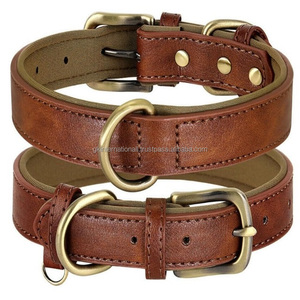 Collar de perro de cuero acolchado de tamaño ajustable de material de alta calidad con doble costura y herrajes de latón macizo - Product Image 3