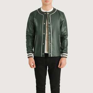 Blouson bomber en cuir PU vert pour homme, col rond, fermeture à boutons, vêtement décontracté d'automne, coupe classique, couleur unie - Product Image 5