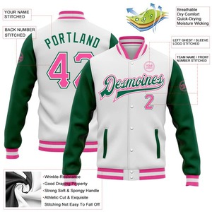 Custom Sublimation Uniform White Pink Kelly Green <b>Bomber</b> <b>Varsity</b> Letterman <b>Jacket</b> Full Snap Two Tone Casual Outerwear - Product Image 2