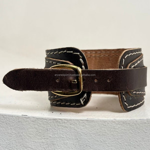 Abalorio de moda, herrajes de broca de caballo en tono plateado con hebilla ajustable, pulsera ancha de cuero genuino para mujer, joyería para Unisex - Product Image 5