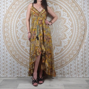 Sohna Maxi Indian Silk V-neck A-Line Asymmetrical Boho <b>Dress</b> with Thin Straps Yellow Ethnic Print Purple Paisley Formal Occasion - Product Image 1