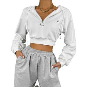 Sudadera con capucha corta para mujer con media cremallera y cremallera circular, 100% algodón, estilo casual deportivo, con logo personalizado, sudadera minimalista con capucha - Product Image 1