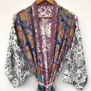 ชุดคลุมกิโมโนผ้าไหมอาร์ตสุดพิเศษ ชุดเดรสโบโฮ ชุดส่าหรีอินเดีย ชุดชายหาด ความยาวระดับเข่า ชุดนอนโบโฮลายพิมพ์สำหรับฤดูใบไม้ร่วง ชุดคลุม - Product Image 1