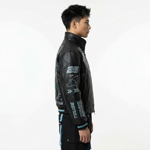 Black Touge Racing Leather <b>Jacket</b> <b>Men</b> Motorsport Mountain Embroidery Full Grain Motorbike <b>Track</b> Uniform Zip Up Outerwear - Product Image 3