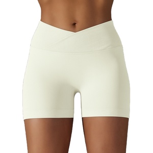 Shorts de sport taille haute pour femme, couleur unie, en toile 140g, pour délavage à la pierre, respirant, taille élastique, coupe régulière - Product Image 2
