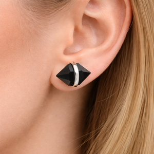 Black Onyx Elongated Hexagon <b>Stud</b> <b>Earring</b> <b>Silver</b> Plated Center Bezel <b>Set</b> Faceted Gemstone Handmade Minimalist Jewelry - Product Image 3