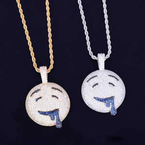 Drool Round Face Pendant Bling Necklace Mens Hip Hop Jewelry <b>Iced</b> <b>Out</b> Emoji Medallion Gold Silver Cuban <b>Chain</b> Charm Mens Choker - Product Image 2