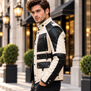 Chaqueta de Motero de Cuero con Tachuelas para Hombre, Estilo Invernal |   Cuello alto, múltiples bolsillos y forro de seda premium - Product Image 2