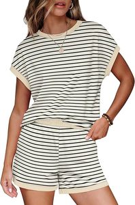 Ensemble short rayé 2 pièces pour femme, col rond, manches courtes, coupe ample, en coton, tenue décontractée d'été avec poche - Product Image 2