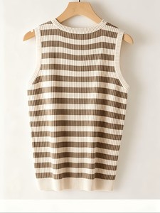 Débardeur à col rond pour femme, style élégant, à porter en dessous ou en dessus, camisole rayée, débardeur ample et polyvalent de style décontracté - Product Image 4