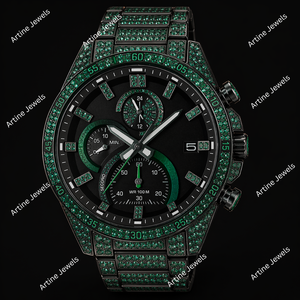 Reloj Cronógrafo Green Diamond, Reloj de Pulsera de Acero Negro de Lujo, Reloj de Diseño Premium, Accesorio de Moda con Cristales - Product Image 3
