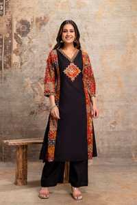 Ensemble ethnique pour femme en coton noir à imprimé Ajrakh traditionnel, séchage rapide, longueur genou, coupe régulière, décontracté, pour mariage et fête, Inde - Product Image 4