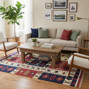 พรมขนแกะแบบถักด้วยมืองานตามสั่งลายเรขาคณิตของชนเผ่าสานแบบชาวโบฮีเมียนหลากสีสำหรับห้องนั่งเล่นราคาถูก - Product Image 1