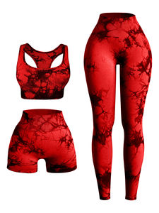 Conjunto de Yoga de 3 Piezas con Tinte Tie Dye, Leggings de Cintura Alta, Sujetador Deportivo y Pantalones Cortos, Ropa de Gimnasio, Atuendo Deportivo - Product Image 3