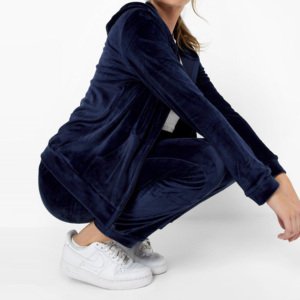 Women <b>Navy</b> Velvet 2 1 Eco-Friendly Tracksuit Set Hooded Full Length Pants Drawstring Side Pockets Floral Embroidery Casual Wear - Product Image 6