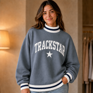 Sweat-shirt à col montant pour femme Trackstar bleu ardoise marine avec logo personnalisé étoile blanche, marque privée, vente en gros - Product Image 1