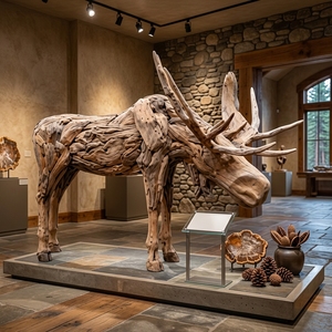 Handcrafted <b>wooden</b> moose bull head down sculpture <b>rustic</b> teak driftwood animal statue antlers floor decoration space unit layout - Product Image 3
