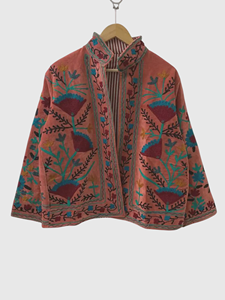 Chaqueta de Algodón con Bordado Floral a Mano, Cuello Mandarín, Manga Larga, Talla Grande, Estilo Prairie Chic para Mujer, Otoño - Product Image 1