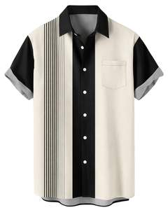 Camisa de Manga Corta con Rayas Verticales Negras y Beige, Estilo Casual de Verano para Hombre, Fabricante OEM, Suministro al por Mayor - Product Image 1