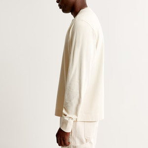 Men's Cream <b>Long</b> <b>Sleeve</b> <b>Henley</b> Shirt Regular Fit Button Up Collar Knitted Cotton Minimalist Style Spring Wear - Product Image 3