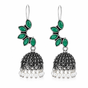 Pendientes Jhumka de Piedra Ónix Verde Oxidada |   Pendientes de Perlas Estilo Boho para Mujer - Product Image 1