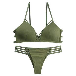 OEM Women's Summer Crossed Halter <b>Bikini</b> <b>Set</b> Hollow Straps Thong Bottoms Quick Dry Triangle Bra Drawstring Decoration - Product Image 2