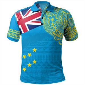Polo pour homme bleu à motif floral polynésien, manches courtes, 100% polyester, coupe classique, design décontracté avec imprimé - Product Image 4