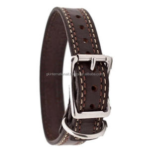 Collier de chien en cuir de selle d'une seule pièce sur mesure avec double couture et quincaillerie en métal nickelé robuste - Product Image 2