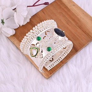 กำไลข้อมือประดับมุก CZ สีน้ำเงินไฮโดรและสีเขียวไฮโดรสำหรับผู้หญิง |   เครื่องประดับทองเหลืองชุบเงิน - Product Image 3