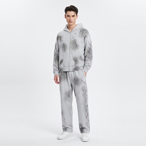 <b>Men</b>’s Grey Distressed Rhinestone Zip Up Hoodie with <b>jogger</b> trouser Custom Streetwear Fashion tracksuit - Product Image 1