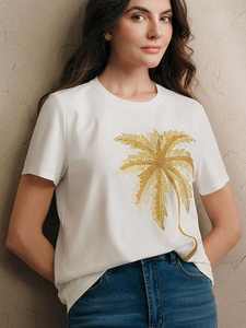T-shirt en jersey de coton beige pour femme, manches courtes, orné de perles et de strass en forme de palmier, haut décontracté d'été à col rond pour femme - Product Image 2