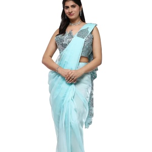 Saree prêt à porter de créateur dernier cri par Fab Zone Organza soie broderie séquence travail vêtements indiens et pakistanais - Product Image 1