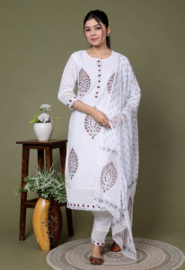 NIYANI <b>Women's</b> White Cotton Ankle-Length Wrinkle-Free All Seasons <b>Kurta</b>/Kurti Set Embroidery Loose Fit Traditional Ethnic Casual - Product Image 1