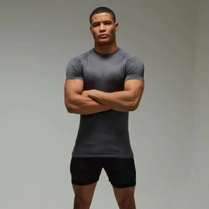 T-shirt de compression gris pour homme, manches courtes, vêtements de performance athlétique, haut d'entraînement extensible pour la remise en forme - Product Image 2