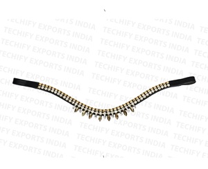 Diadema de Cuero Curvada de Lujo para Caballo con Tachuelas Doradas y Cristales de Imitación |   Brida Inglesa Premium de Tamaño Personalizado - Product Image 2