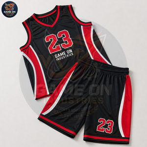 Black And Red Contrast Color OEM Lightweight Sports Outfit Breathable Athletic Training Wear Men's Basketball Game Uniform - Product Image 3