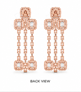 Elegantes pendientes de lujo con borlas, elaborados en oro rosa de 18K de primera calidad, con diamantes de corte esmeralda rodeados por un halo de micro pavé. - Product Image 5