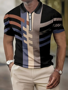 Camisa de Hombre Beige a Rayas de Manga Corta con Botones Frontales y Ribete Negro, Tejido Casual Transpirable de Poliéster Jersey 220g - Product Image 5