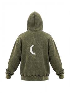 Sudadera con capucha lavada de algodón grueso con logotipo personalizado bordado al por mayor, gráfico de sol y nubes, estilo urbano oversize para hombre - Product Image 3