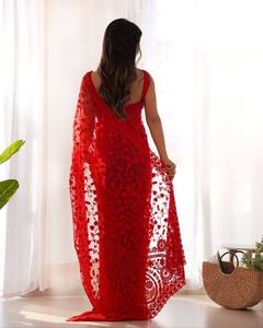 Red Embroidered Heavy Butterfly Net <b>Saree</b> <b>Blouse</b> for Women Traditional Indian Wedding Wear Floor-Length Quick Dry Bollywood - Product Image 2